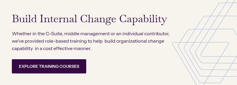 Build Internal Change Capability&nbsp; &nbsp; Whether in the C-Suite, middle management or an individual contributor, we’ve provided role-based training to help&nbsp; build organizational change capability&nbsp; in a cost effective manner.